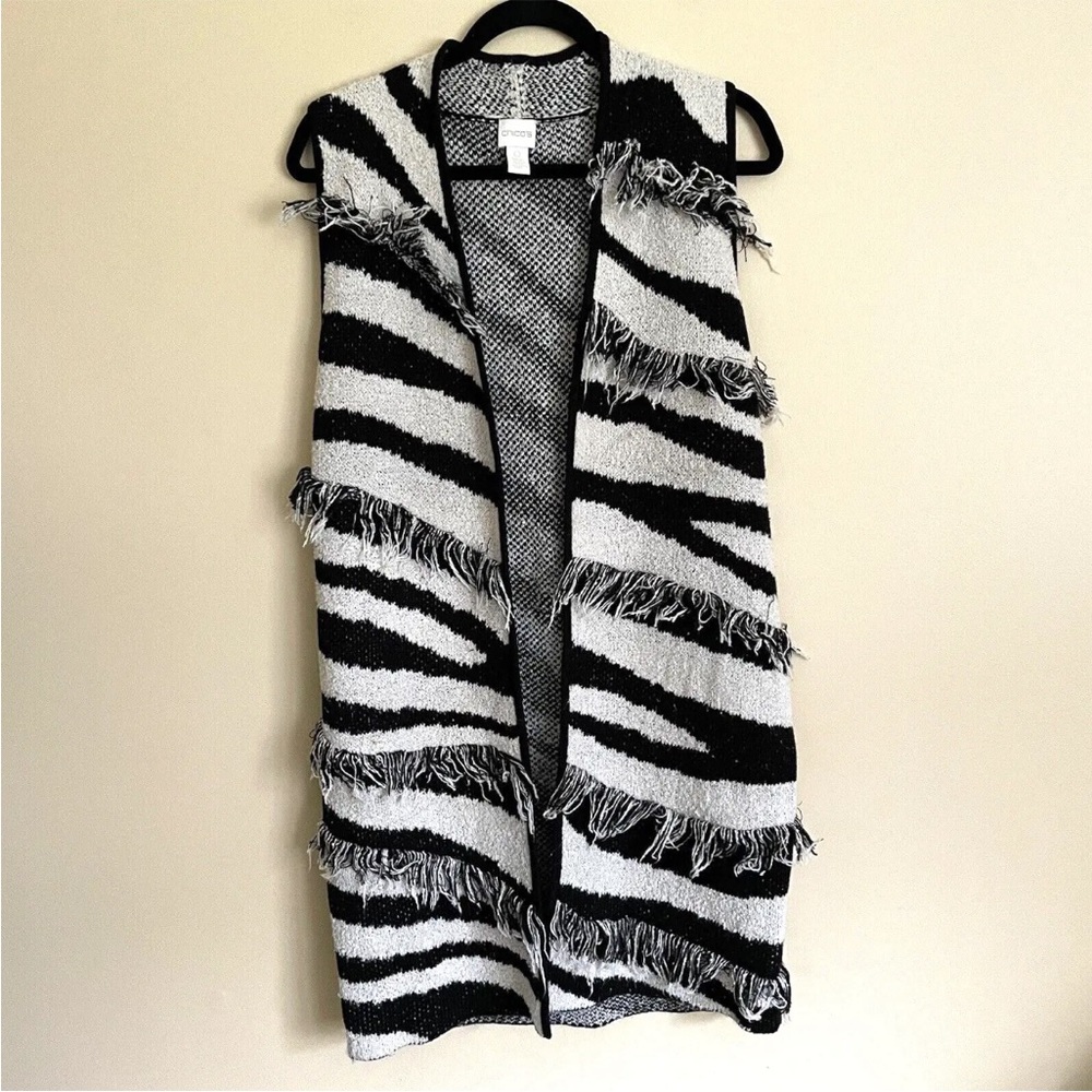 Chico's Zebra Fringed Anne Sweater Vest Open Front Long Black Ivory Size 0 US S